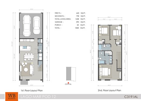 Floor plan for 3 beds, 2.5 baths, 1438 sqft